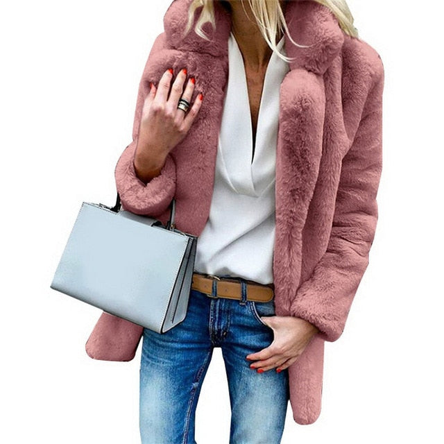 2019 Women Faux Fur Coats Winter Solid Fashion Open Point Outwear Female Luxury Long Sleeve Warm Thick Fluffy Jacket Coat